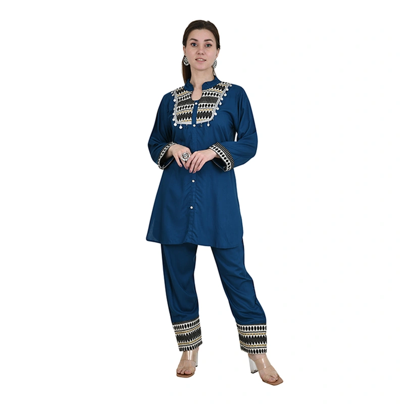 Female model in teal blue kurti set with black and cream embroidered trim - ethnic wear ecommerce photography by Lohar Studio Delhi
